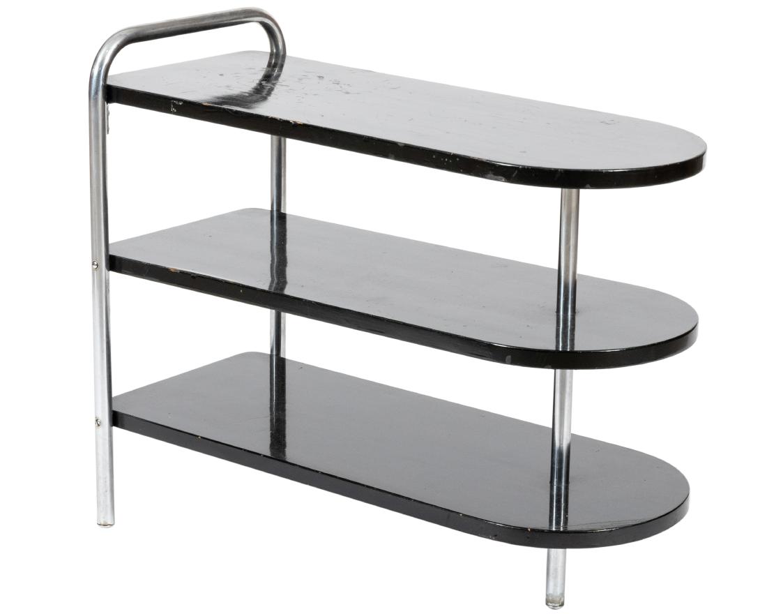 Wolfgang Hoffmann - Howell - Tiered Side Table: Description - Three tier chrome side table by Wolfgang Hoffmann for Howell. Dimensions - 24.5x30x14