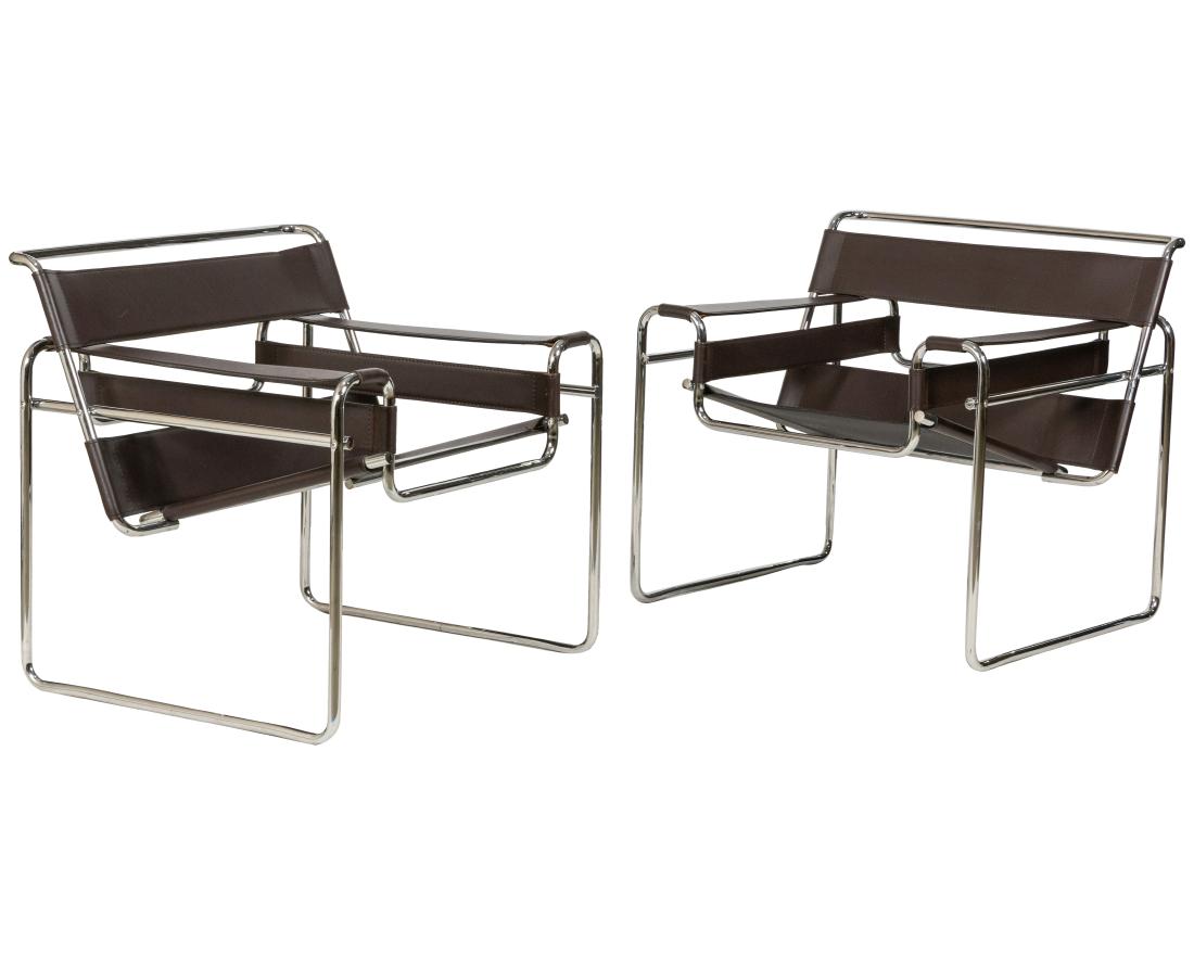 Marcel Breuer - Wassily Chairs: Description - Pair of brown leather Wassily chairs. Dimensions - 28" x 31" x 27"