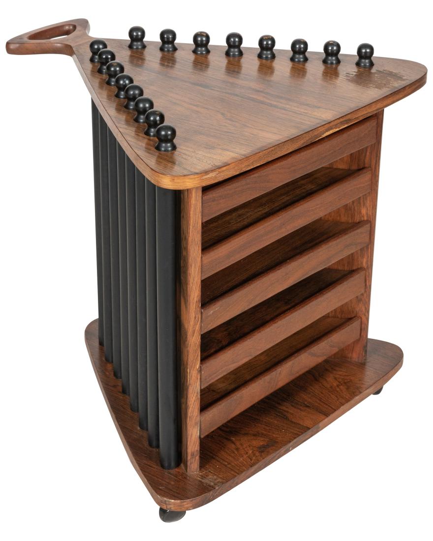 Rosewood Collapsible Tray Stands: Description - Rosewood collapsible triangular tray stands. Each top has three legs that come out of the base and screw into each top. Dimensions - 25" x 25.5" x 26" (tray holder)