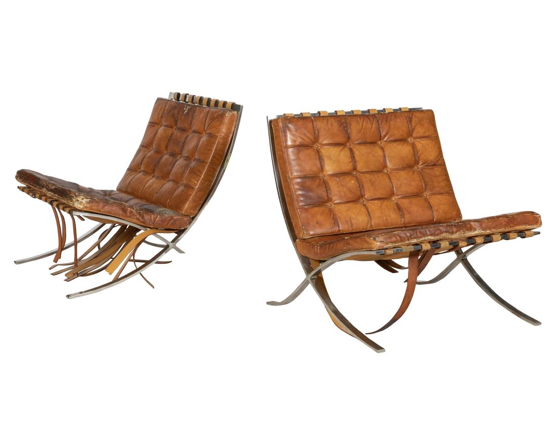 Mies Van Der Rohe- Knoll Barcelona Chairs: Description - Pair of Mies Van Der Rohe for Knoll Barcelona chairs. Dimensions - 29" x 29.5" x 29"