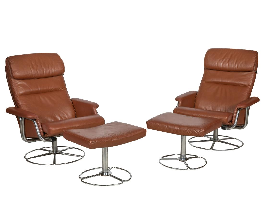 Bruno Mathsson - DUX - Leather Lounges - Ottomans: Description - A pair of Bruno Mathsson for DUX leather lounge chairs and ottomans. Dimensions - Chair - 38" x 30" x 35"