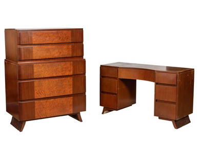 Eliel Saarinen - High Chest and Desk: Description - Eliel Saarinen for RWay high chest and desk. Dimensions - high chest - 49.5" x 36" x 21"