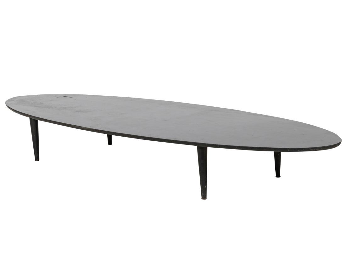 Elliptical Wood Coffee Table: Description - Elliptical wood surfboard coffee table. Dimensions - 10" x 89" x 29"