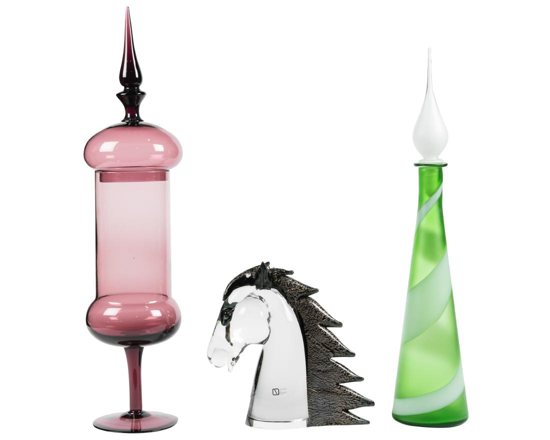 Murano Glass Lot: Description - Murano glass lot including, horse head sculpture label Italy, Ponti style apothecary jar and decanter. Dimensions - purple - 25" x 5.5"
