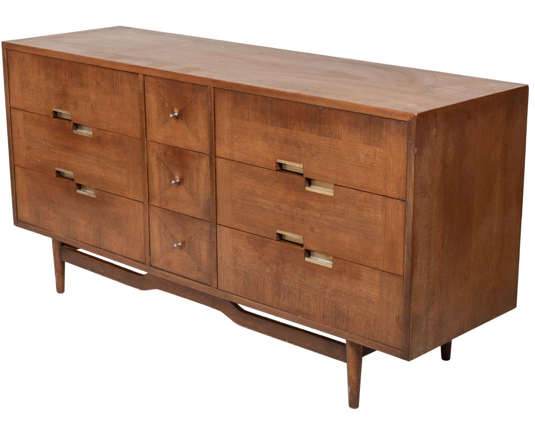 Merton Gershon - American of Martinsville Chest: Description - Merton Gershon for American of Martinsville walnut credenza/chest with metal inlaid stars. Dimensions - 31" x 62" x 18.5"