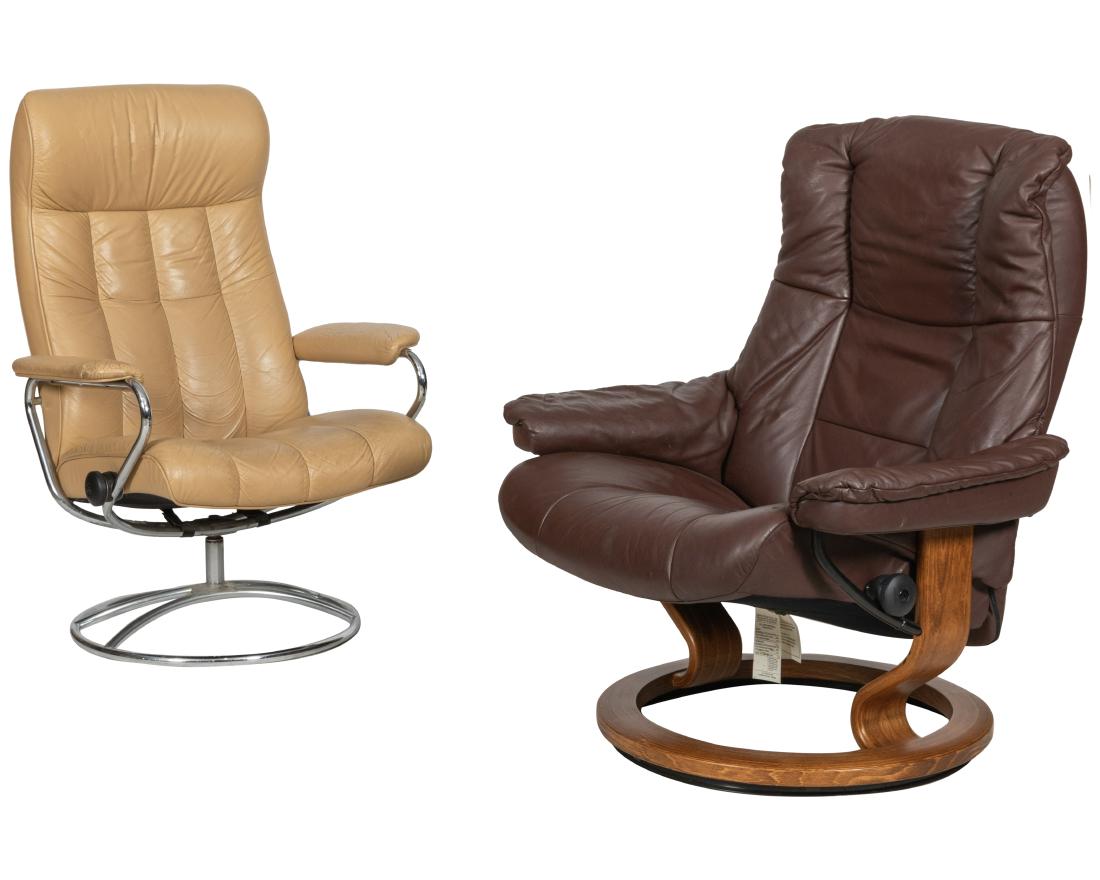 Two Ekornes Stressless Recliners: Description - Two leather Ekornes Stressless recliners with single ottoman. Dimensions - 39" x 35" x 32" (brown recliner)