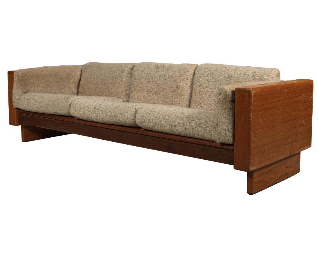 Danish Style Teak Case Sofa: Description - Danish style teak case sofa. Dimensions - 16.5" x 88.5" x 30"