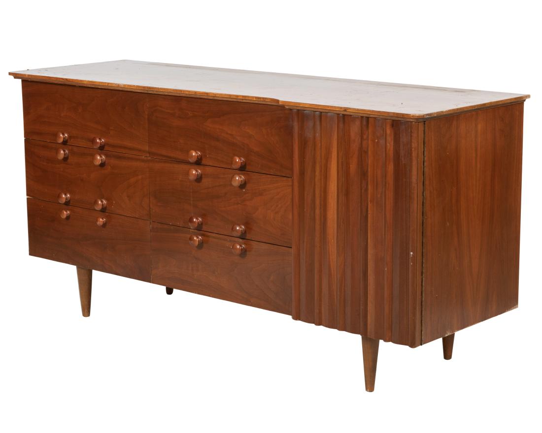 Walnut Credenza: Description - Walnut credenza with corrugated door. Dimensions - 30.5" x 62" x 20"