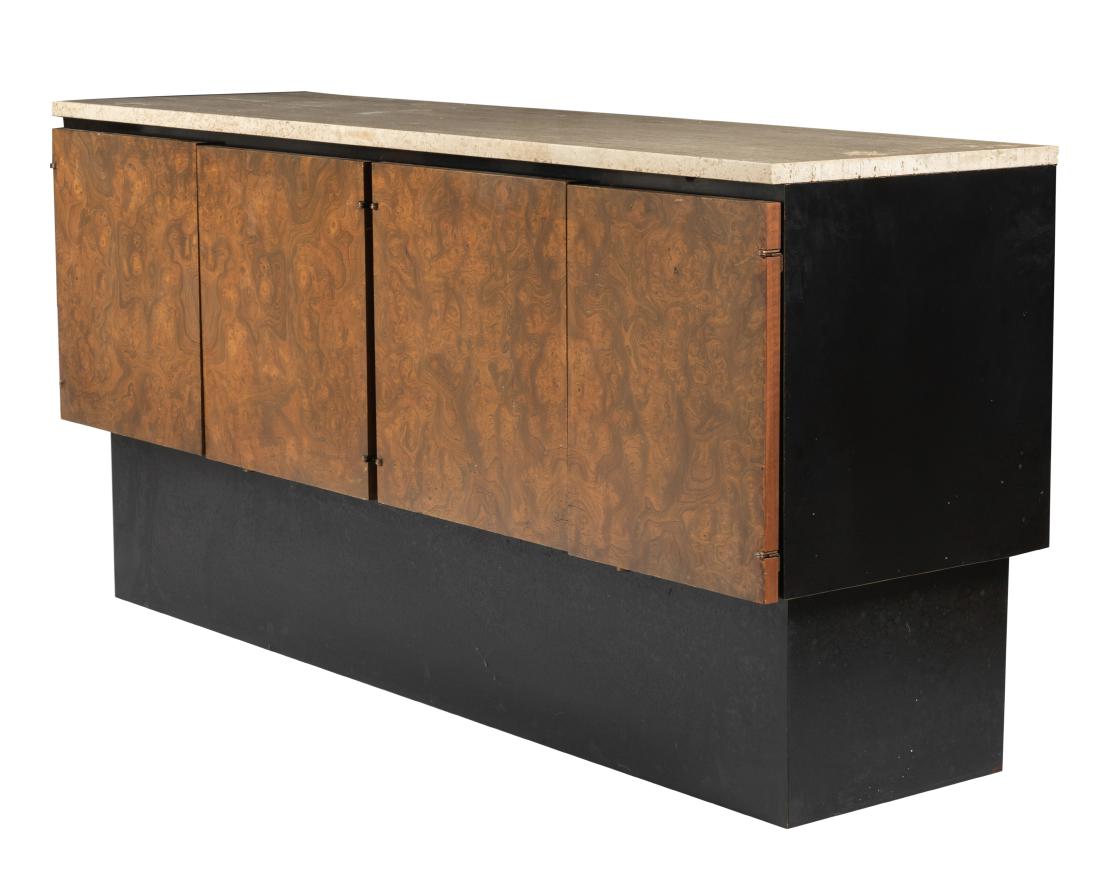Burl Travertine Marble Top Credenza: Description - Burl travertine marble top plinth credenza. Dimensions - 30" x 63.5" x 18"