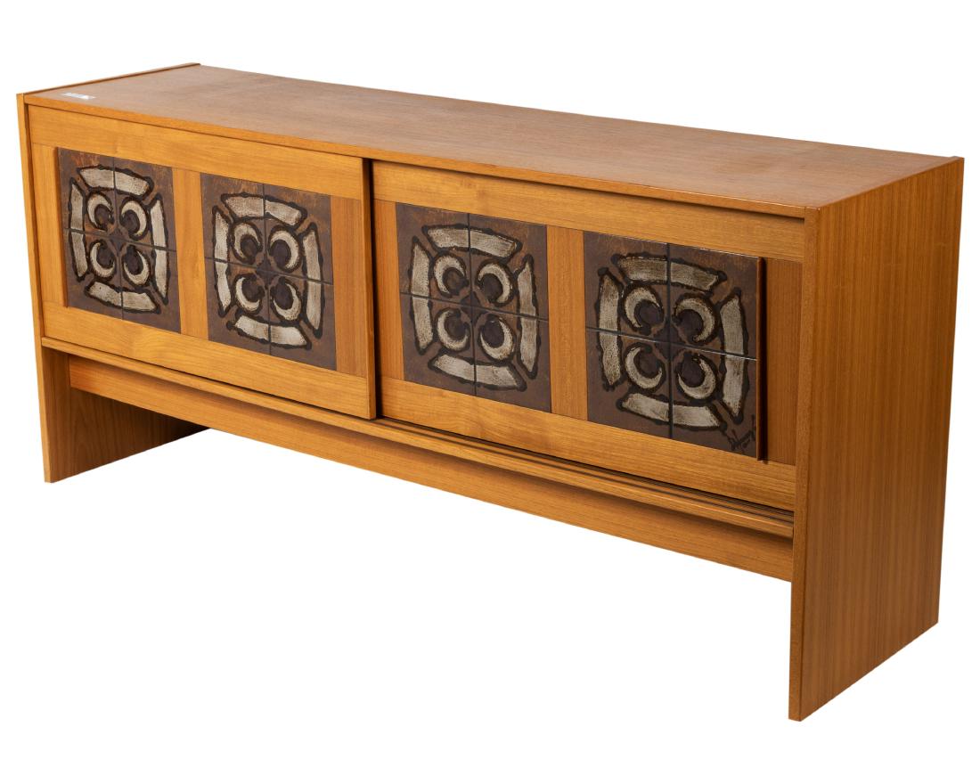 Danish Teak Credenza: Description - Danish teak credenza with sliding tile doors. Dimensions - 30.5" x 66.5" x 17.5"