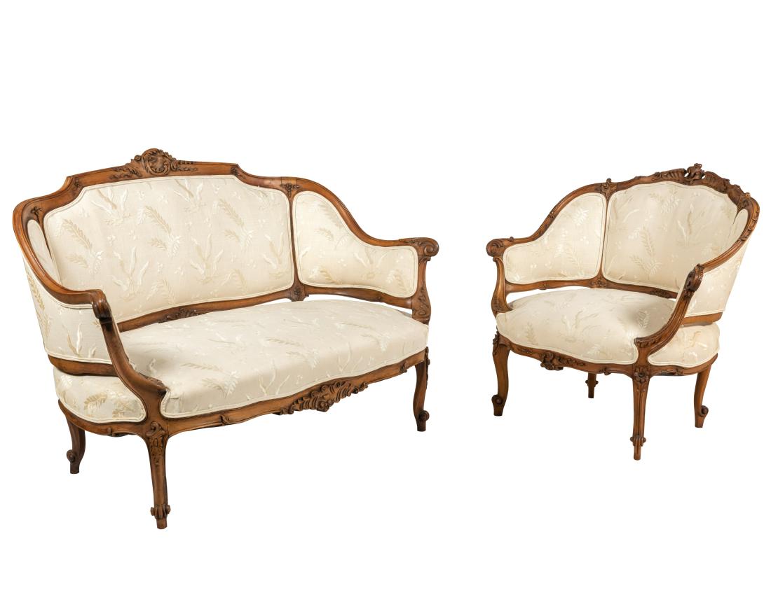 French Carved Loveseat and Chair: Description - French carved loveseat and chair. Dimensions - loveseat - 33" x 50" x 26"