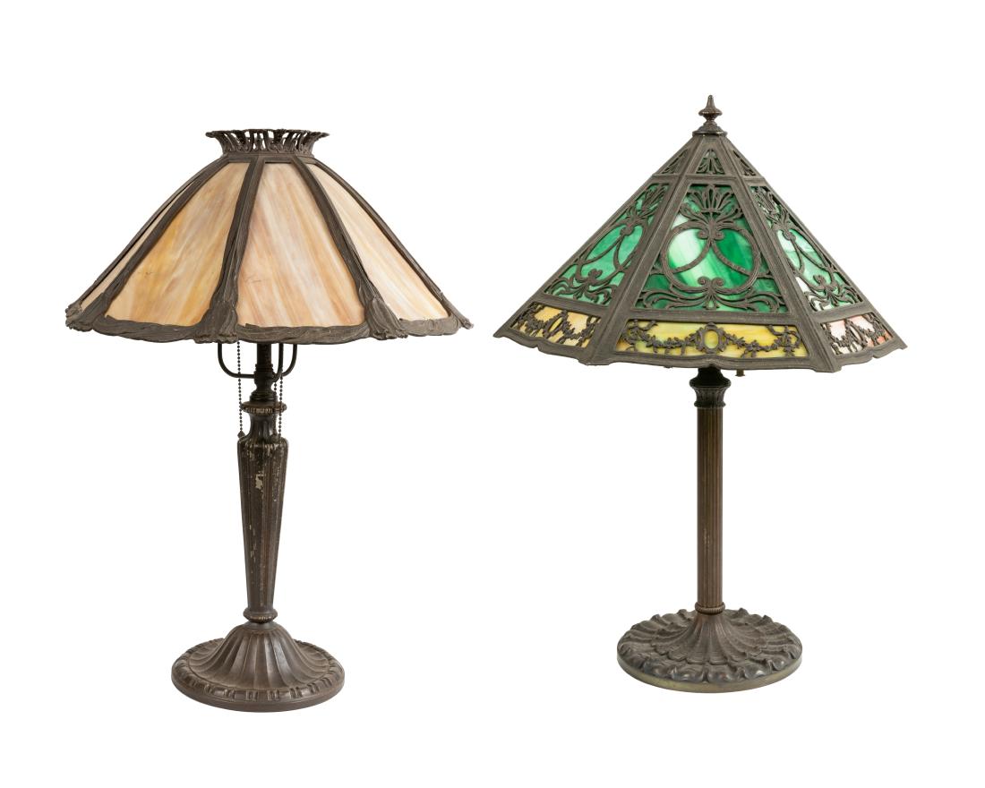Metal Overlay Slag Glass Table Lamps (1 of 9)