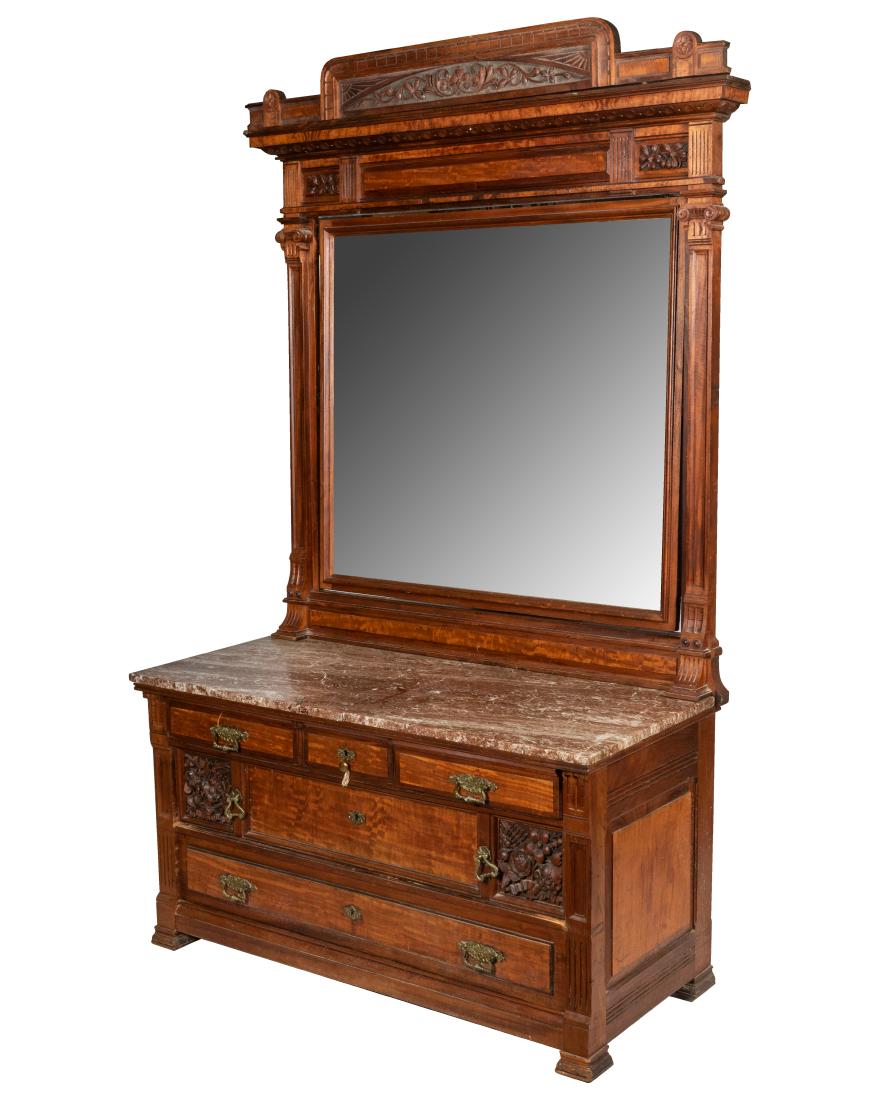 Victorian Marble Top Dresser with Mirror: Description - Victorian marble top dresser with mirror. Dimensions - 88" x 52" x 22"