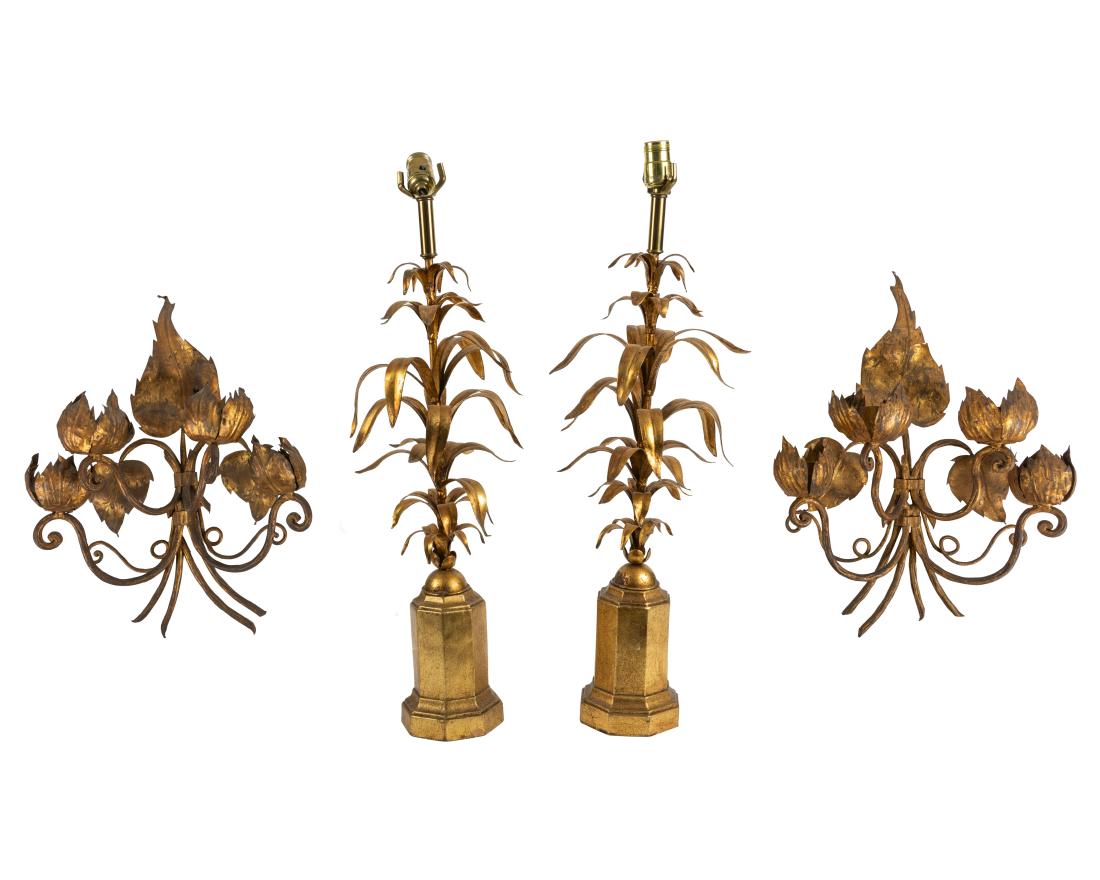 Gilt Metal Sconces and Leaf Lamps: Description - Pair of gilt metal sconces and leaf lamps. Dimensions - lamps - 28" x 8" scones - 21" x 16"