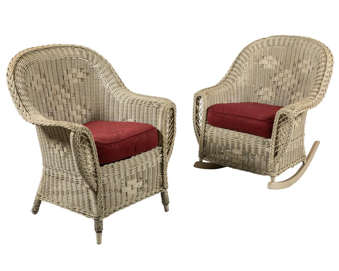 Heywood Wakefield Rocker and Arm Chair: Description - Heywood Wakefield rocker and arm chair. Dimensions -34.5" x 30" x 24"