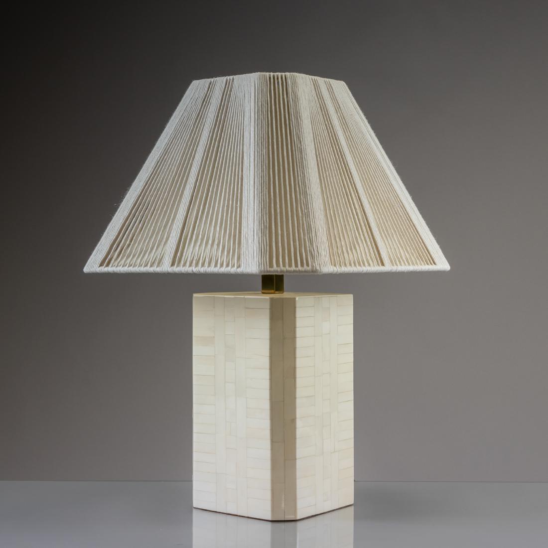 Enrique Garcel (Attr.) Tessellated Bone Lamp: Description - Enrique Garcel attributed tessellated bone lamp with original string shade. Dimensions - body- 13" x 8" x 8"