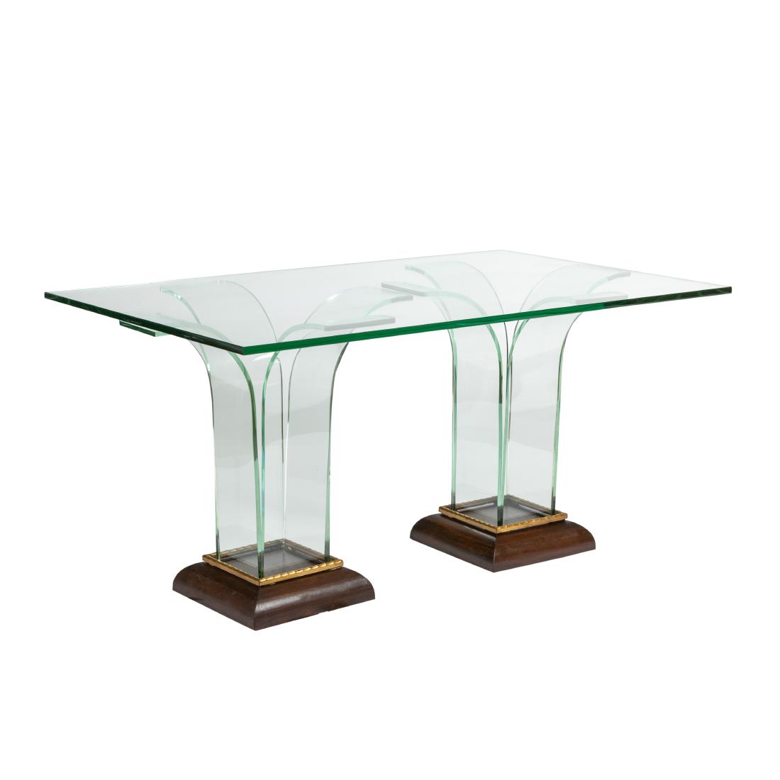 Ben Mildwoff - Art Deco Glass Dining Table: Description - 1940's art deco glass dining table modern age on rosewood base by Ben Mildwoff. Dimensions - 60" x 30" x 36"