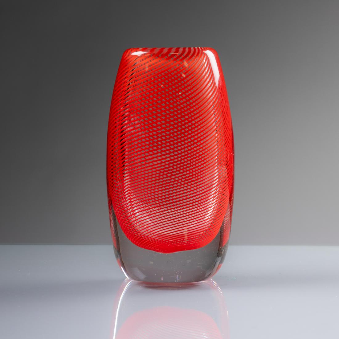 Carlo Scarpa - Venini - Vase: Description - Carlo Scarpa Venini art glass vase with submerged red filigree decoration. Signed on bottom with three line acid etched signature (Venini - Murano - Italia). Dimensions - 7" x 4" x 2.5"