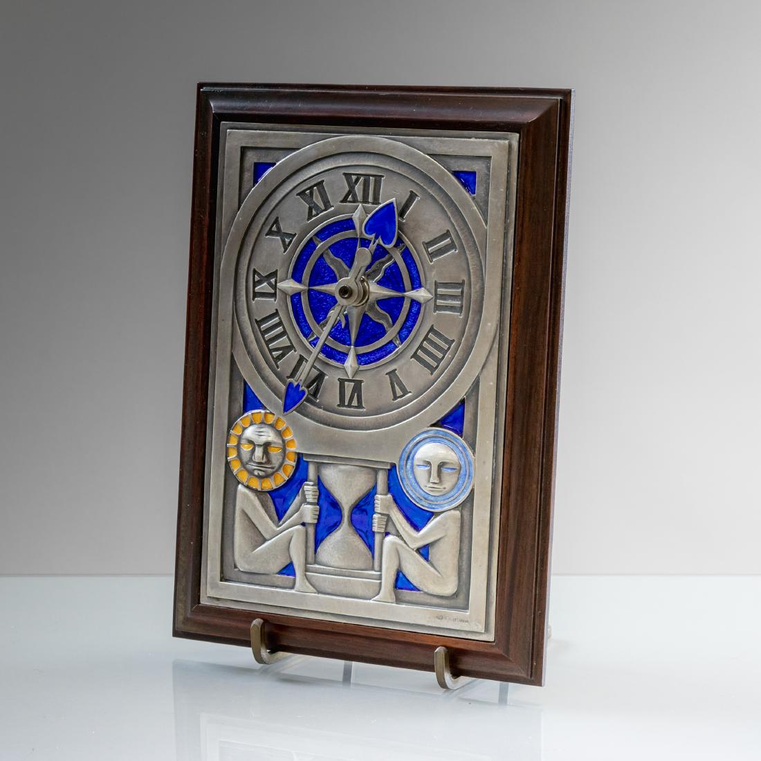 Ottaviani - Enameled Sterling & Rosewood Clock: Description - An enameled sterling and rosewood clock by Ottaviani. Signed and marked .925, lower right. Dimensions - 10" x 7"