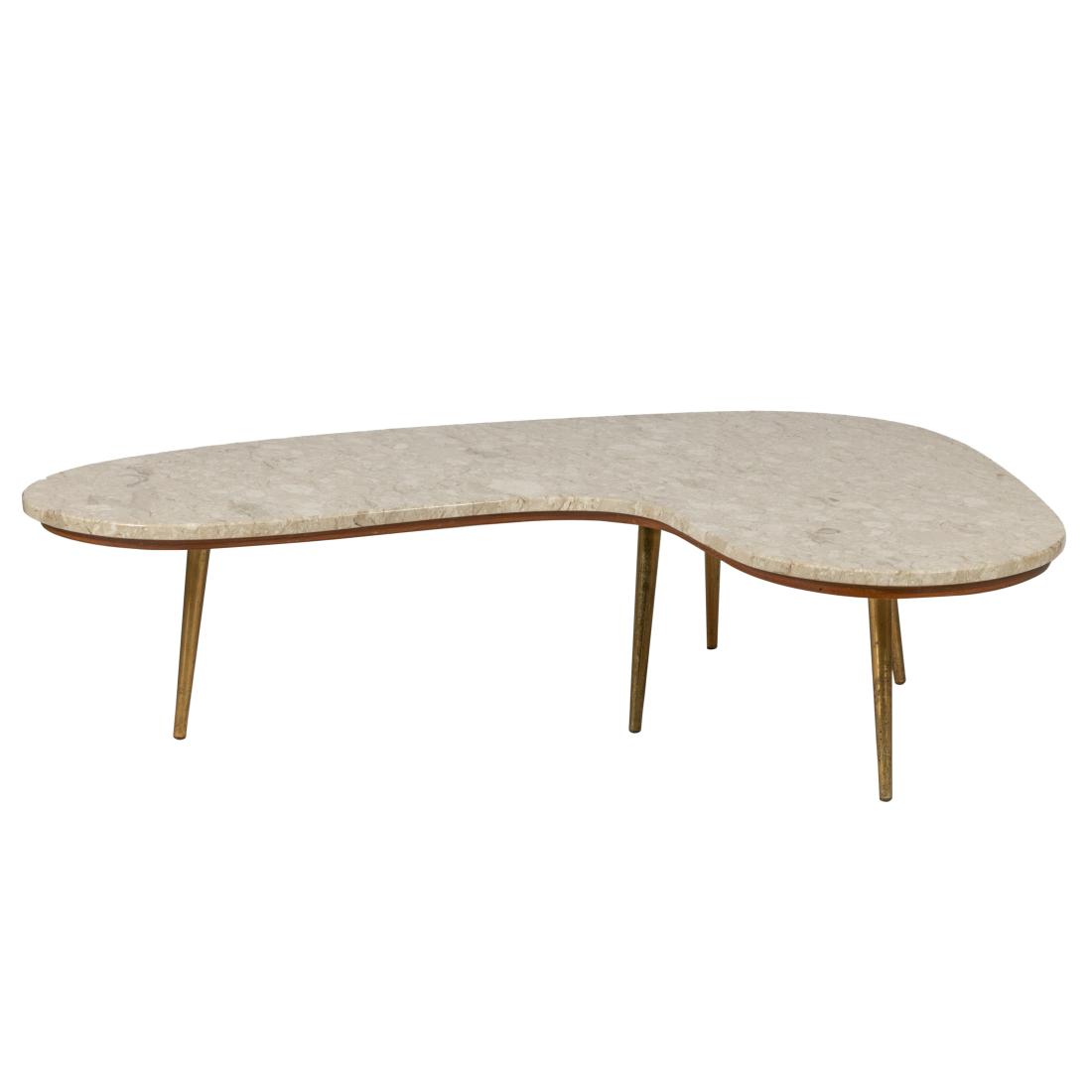 Travertine Marble & Brass Boomerang Coffee Table: Description - Travertine marble and brass boomerang coffee table. Dimensions - 15.5" x 57.5" x 45.4"