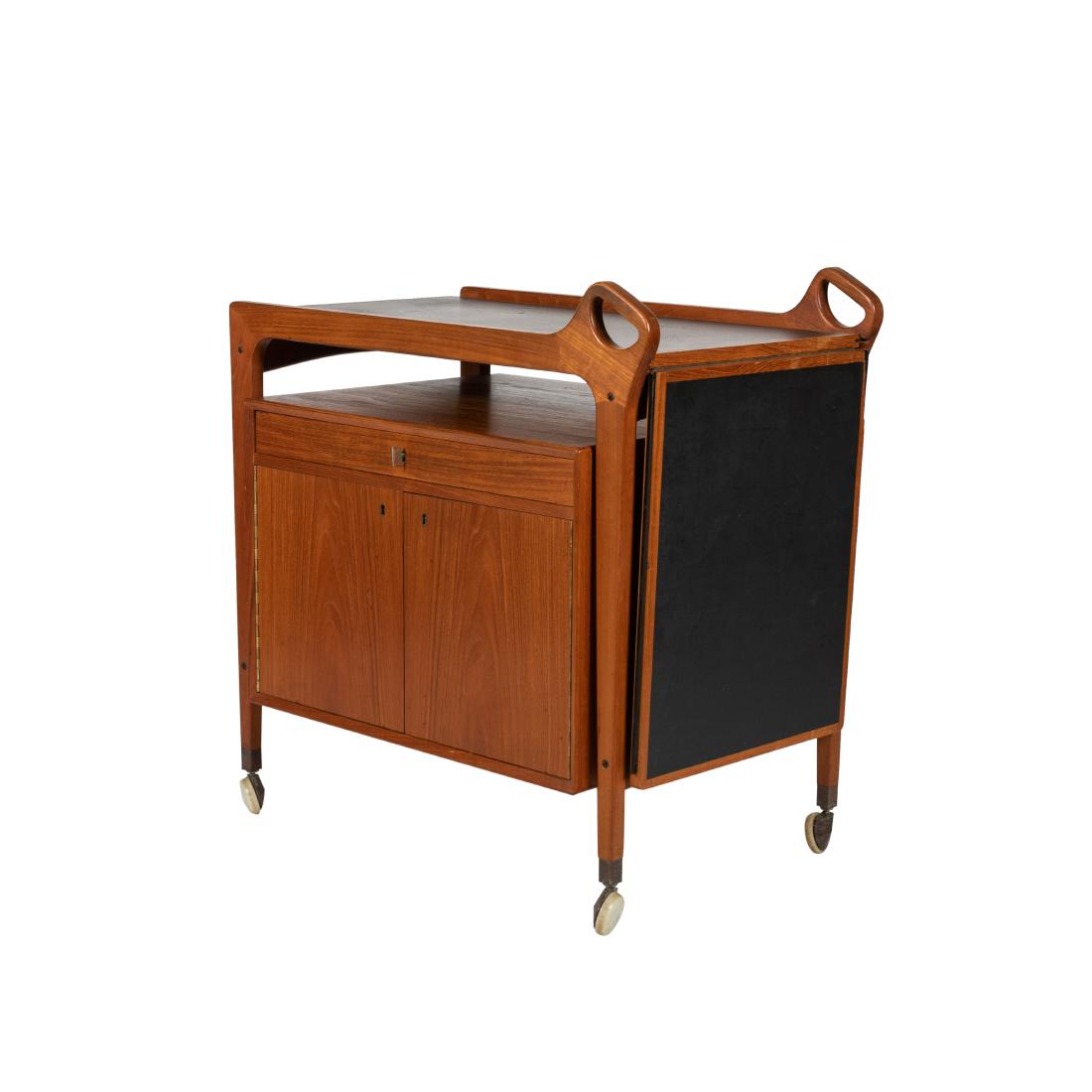 Dyrlund - Teak Expandable Cart: Description - Dyrlund teak expandable serving cart with key. Dimensions - closed - 35" x 34.5" x 20.5" leaf - 22.5"