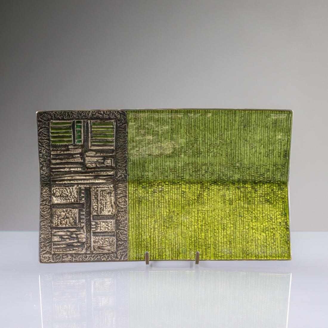 Studio Del Campo - Enameled Brutalist Tray: Description - A brutalist style enameled tray by Studio Del Campo. Signed and dated 1962 on bottom. Dimensions - 2" x 14" x 8.25"