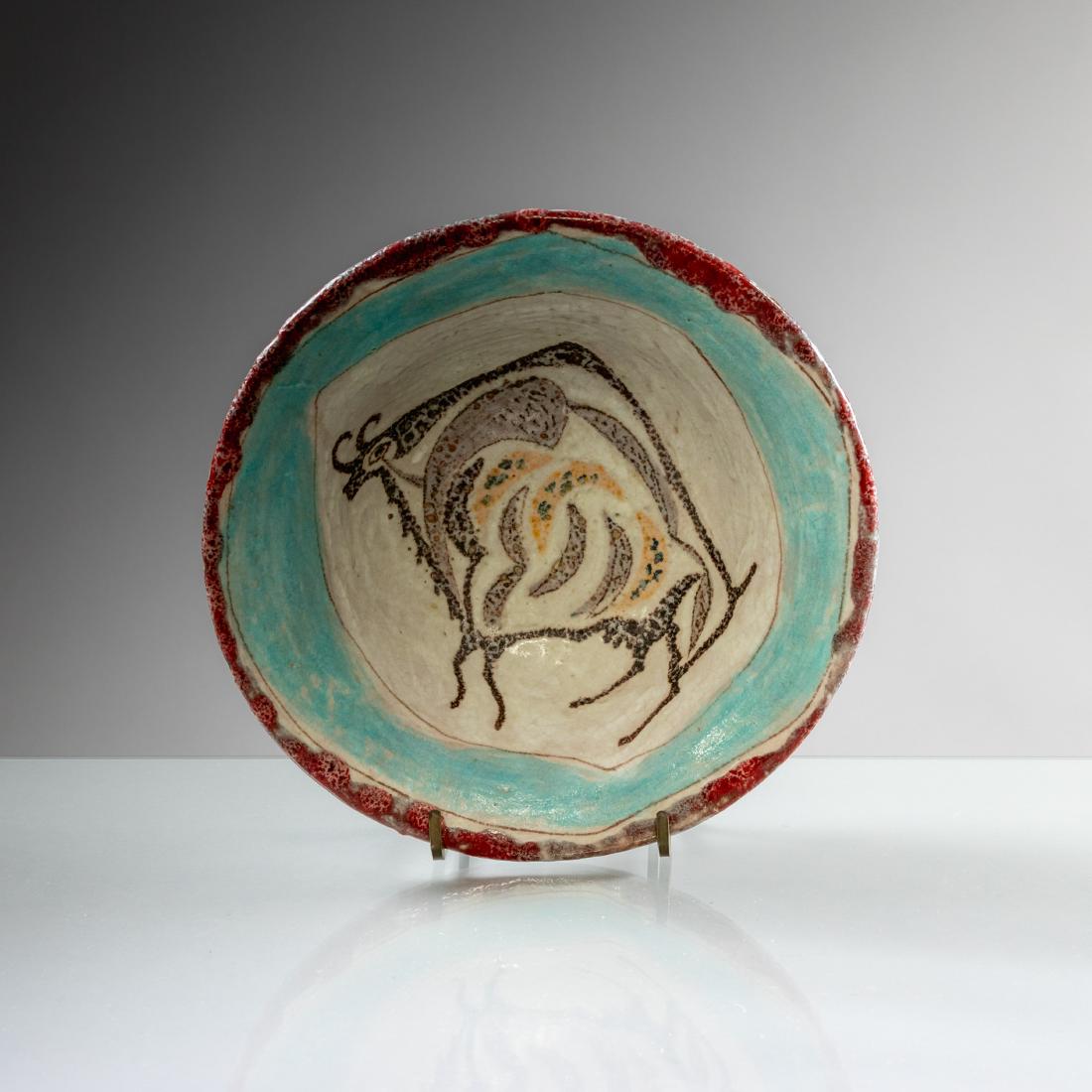 Eugenio Pattarino - Raymor - Bull Bowl: Description - A pottery bowl by Eugenio Pattarino for Raymor with Bull painted inside bowl. Signed on bottom "2013 Italy E.P.F. Raymor". Dimensions - 10" x 3.5"