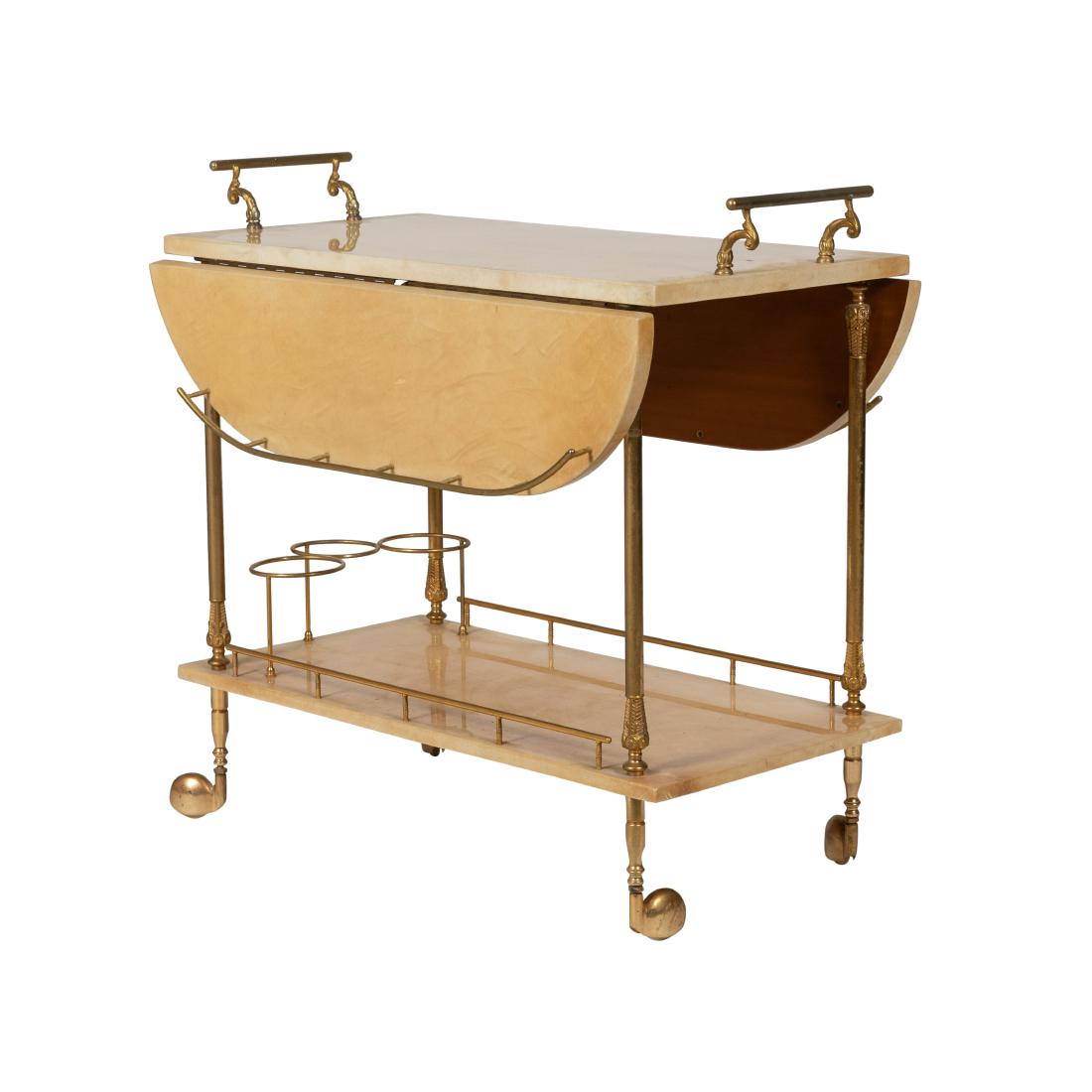 Aldo Tura - Goatskin Bar Cart: Description - Aldo Tura goatskin expandable bar cart. Dimensions - open - 29" x 33" x 17"