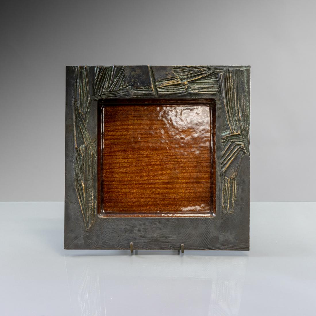 Del Campo - Enameled Copper and Bronze Dish: Description - A signed Del Campo Enameled copper dish set in a bronze brutalist frame. Dimensions - 13" x 13"