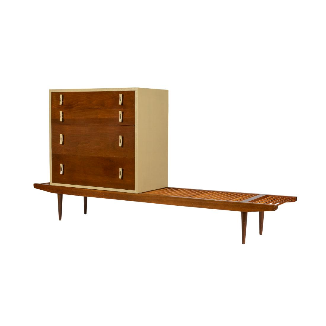 Stanley Young & Milo Baughman - Chest on Bench: Description - Milo Baughman bench and Stanley Young for Glenn of California cabinet. Dimensions - bench- 12" x 82" x 18" chest- 30.5" x 33" x 18"
