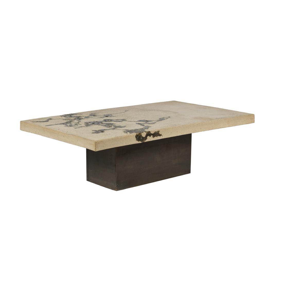 Silas Seandel - Coffee Table - Signed: Description - Silas Seandel stone coffee table with inlaid bronze plinth base. Dimensions - 16" x 54" x 31"