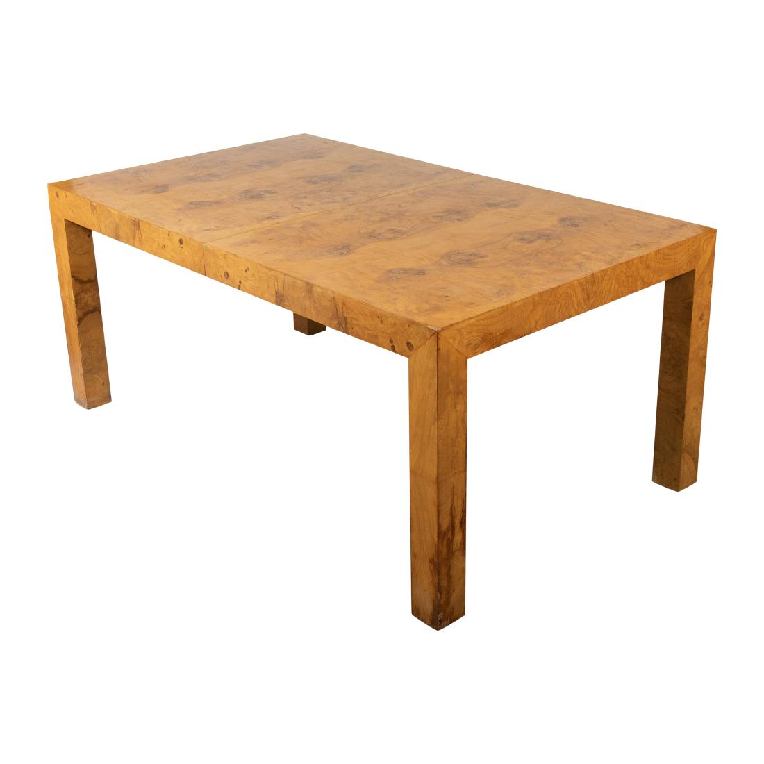 Milo Baughman (Attr.) - Burl Dining Table: Description - A Milo Baugman attributed burl dining table with two leaves. Dimensions - 28.5" x 66" x 36". Two 22" Leaves.