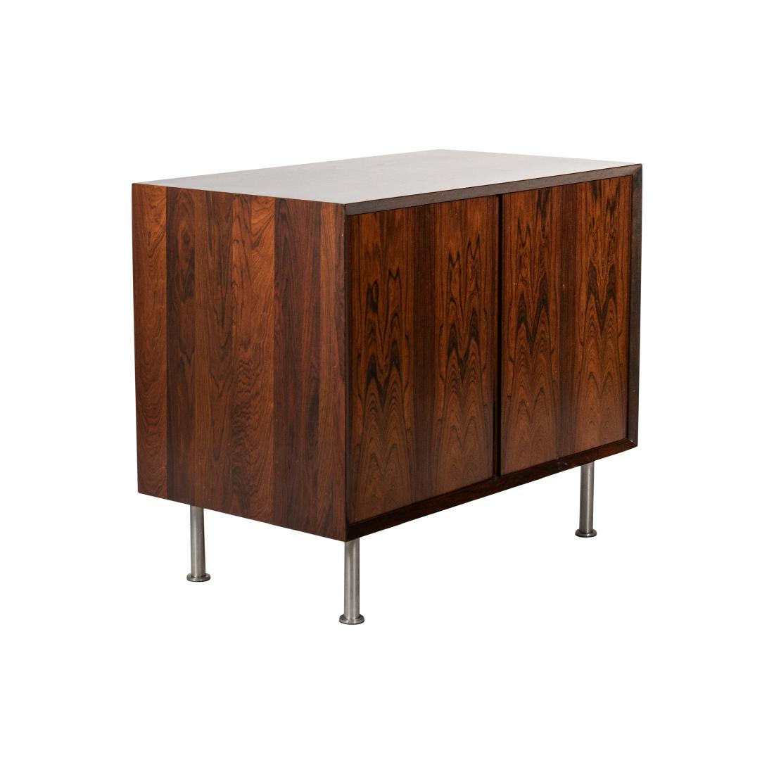 Rosewood Compact Credenza: Description - Rosewood compact credenza cabinet. Likely Danish. Dimensions - 26" x 31" x 18"