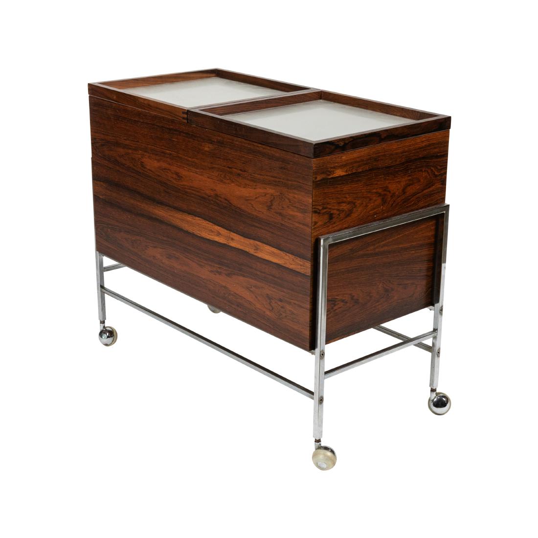 Brazilian Rosewood & Chrome Bar Cart: Description - Rosewood and chrome rolling bar cart with removable rays. Dimensions - 27" x 33" x 16"