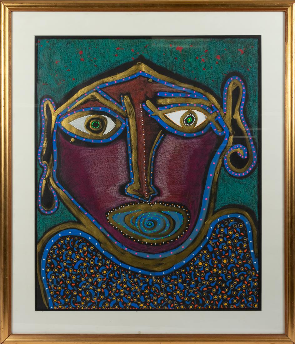 Abstract Acrylic on Paper: Description - Large abstract drawing on paper of face. Unsigned. Dimensions - Frame - 38" x 33". Sight - 28" x 23"