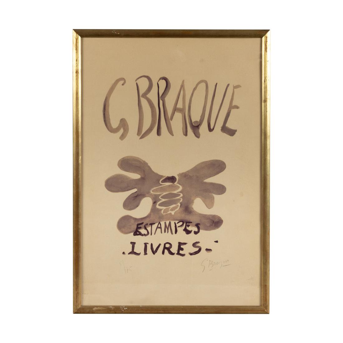 Georges Braque - Signed Exhibition Poster: Description - A signed and numbered exhibition by poster by Georges Braque. Signed and numbered (5/75), lower left, in pencil. Titled "Estampes Livres". Dimensions - frame- 25.5" x 17.75"