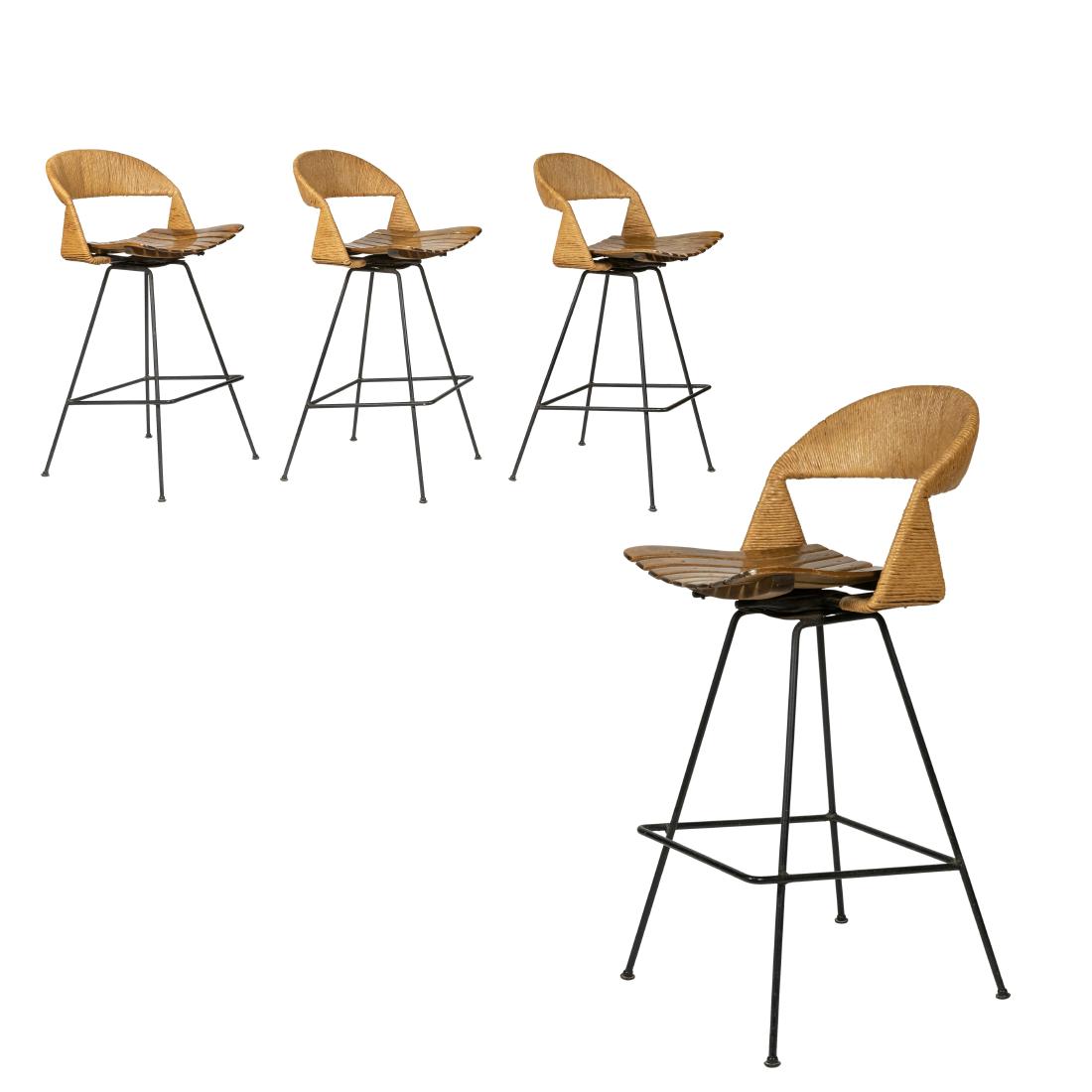 Arthur Umanoff - Four Iron Bar Stools: Description - A set of four iron bar stools by Arthur Umanoff. Dimensions - 39" x 19" x 19"