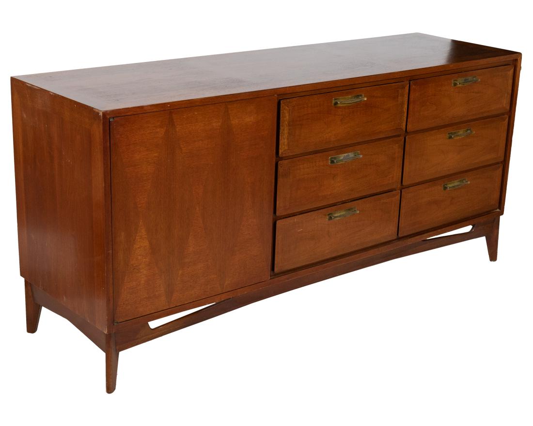 Walnut Credenza: Description - Walnut Credenza with Inlaid Diamond Pattern. Dimensions - 32"x68"x20"