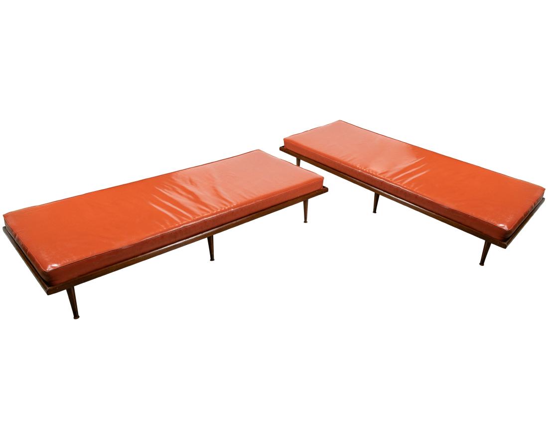 Pair Walnut and Vinyl Day Beds: Description - Pair of Walnut and Vinyl Day Beds Dimensions - 12"x73"x31"