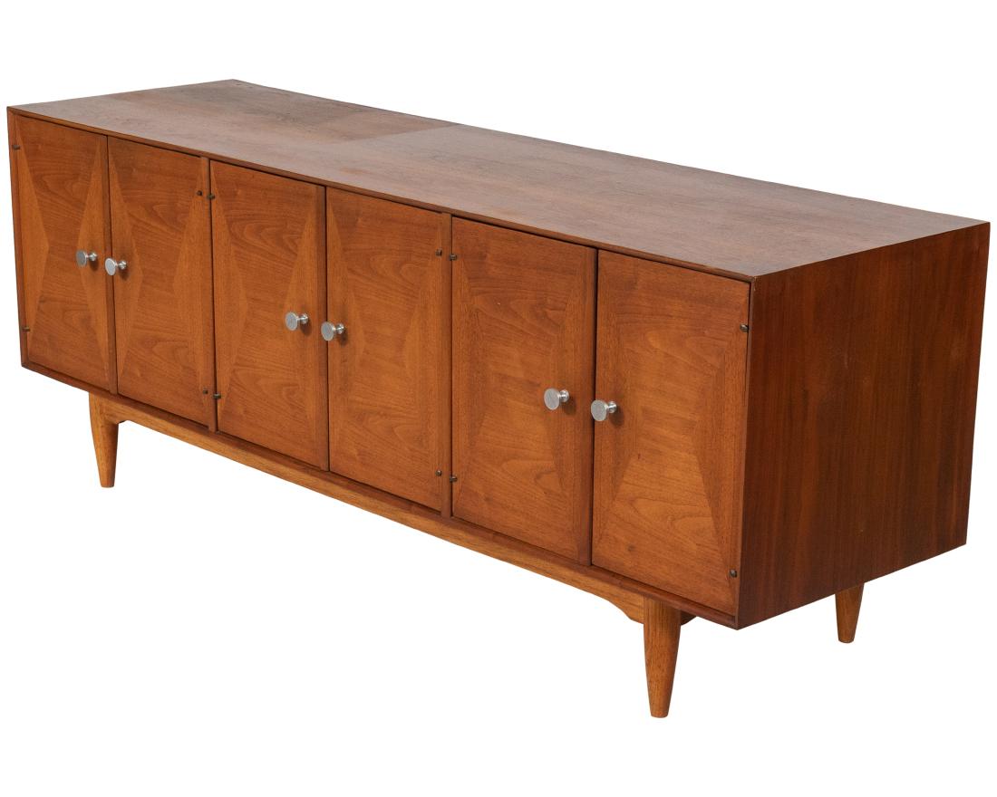 Mid Century Credenza: Description - Mid century credenza with aluminum pulls. Dimensions - 26" x 66" x 19"