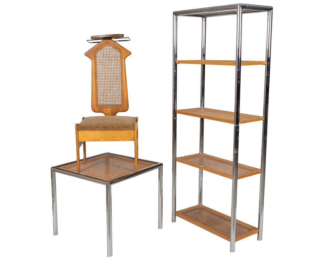 Chrome and Cane Table, Valet and Shelf: Description - Chrome and cane table and cane valet and chrome and cane shelf. Dimensions - 72" x 30" x 14"