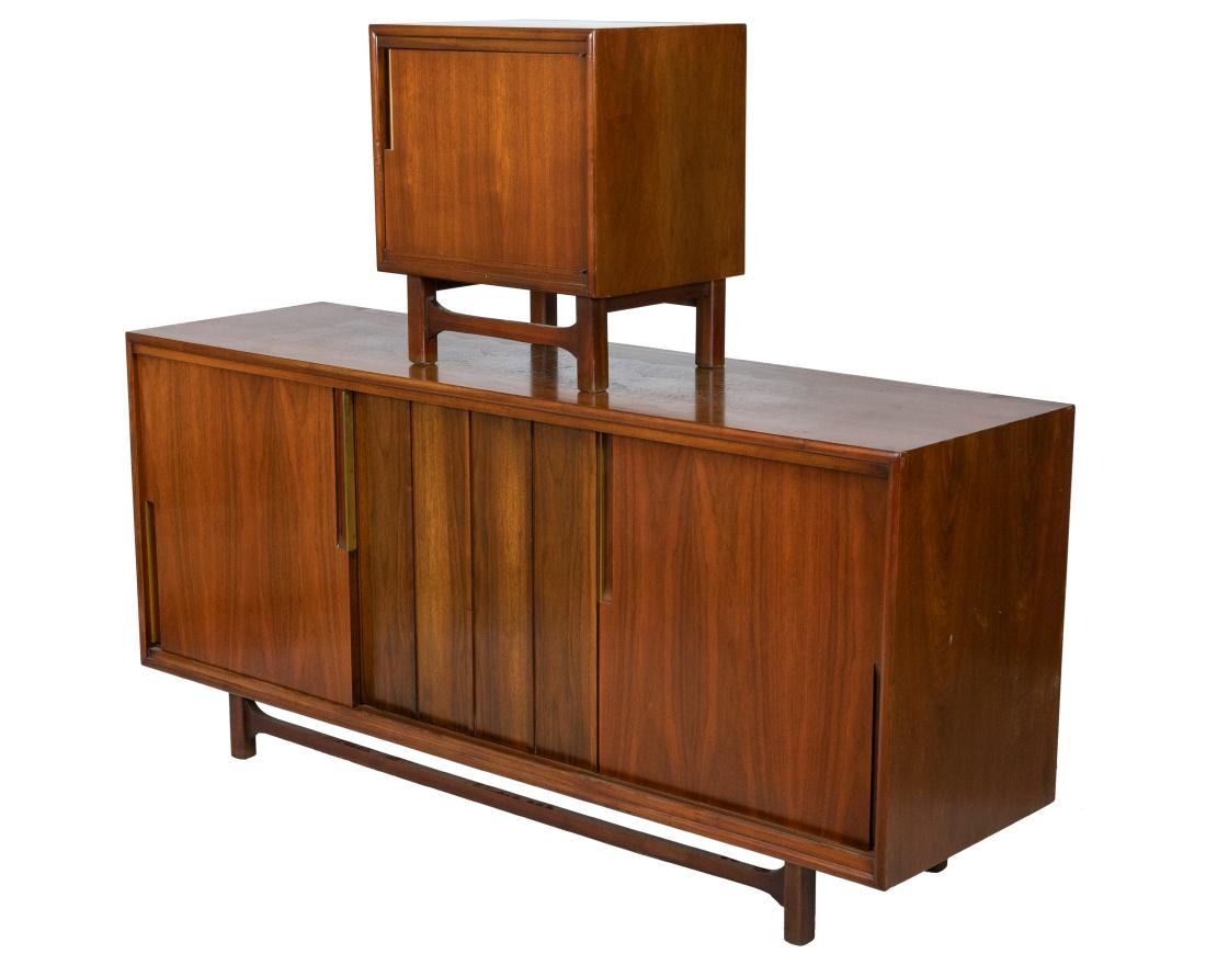 Walnut Credenza and Nightstand: Description - Mid century walnut credenza with metal pulls and walnut nightstand. Dimensions -