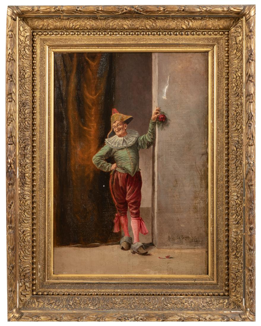 Oil on Canvas - Signed 1883: Description - Oil on canvas of jester signed Henri Le Brun 1883. Dimensions - frame - 28" x 22" sight - 19.5" x 13.5"