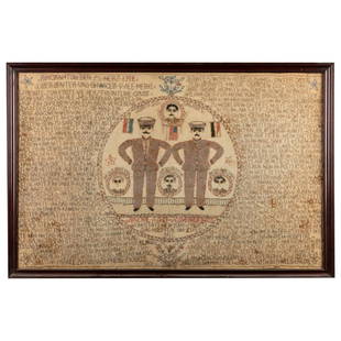 Folk Art German Sampler - 1912: Description - German Sampler, depicting treaty or dedication. Dated 1912. Dimensions - 31" x 20"