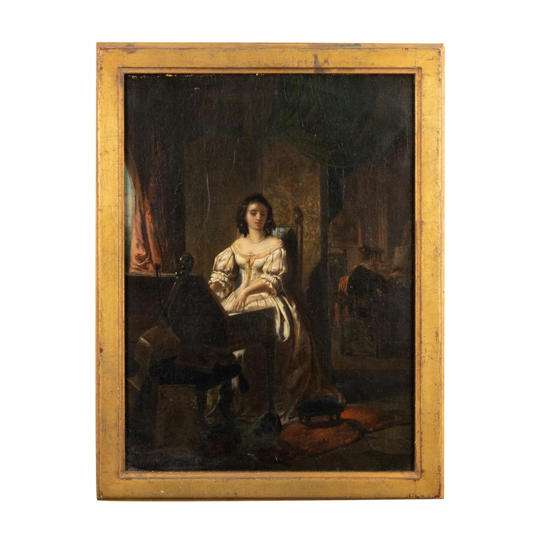 Oil on Canvas - Girl at Piano: Description - Antique oil on canvas of a girl at a piano. Signed. Dimensions - Frame 23" x 17"