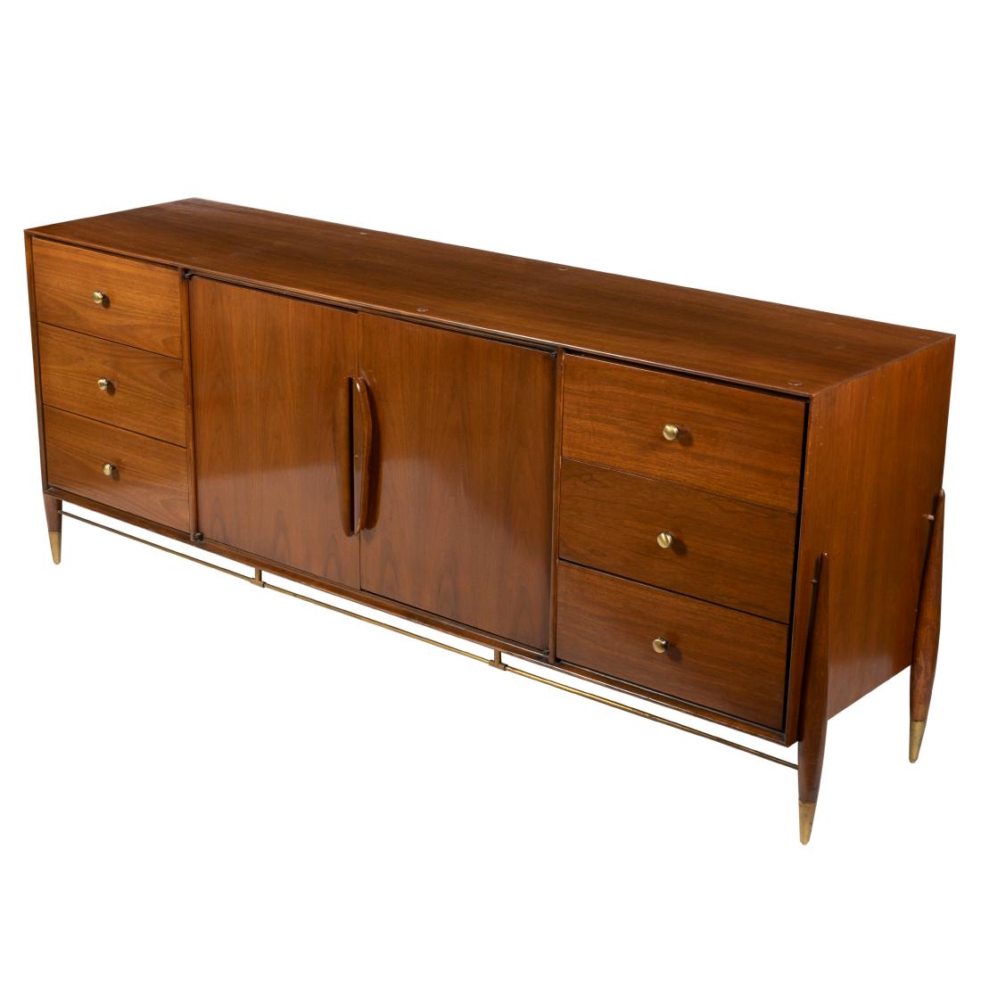 Walnut & Brass Credenza - Outside Leg: Description - Walnut and brass credenza with sculpted outside leg. Dimensions - 30" x 74" x 19"
