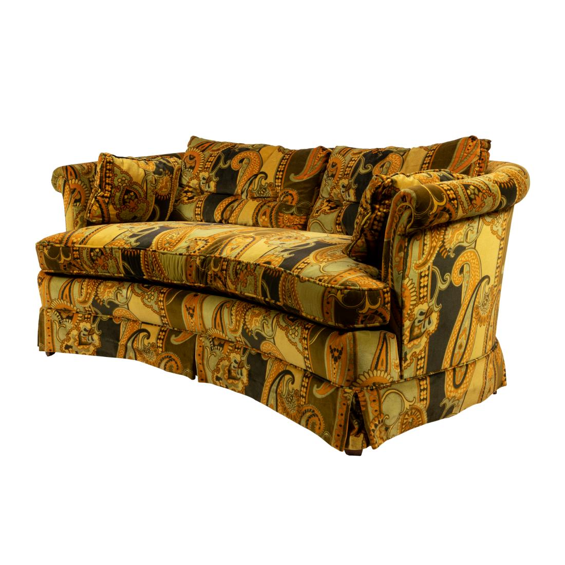 Henredon - Mid Century Paisley Love Seat: Description - Henredon mid century paisley love seat. Dimensions - 27" x 64" x 34"