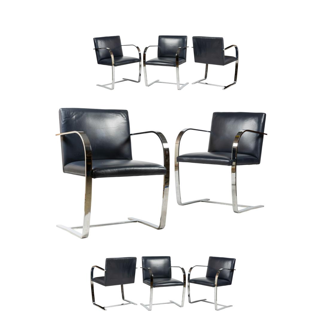 Mies Van Der Rohe - BRNO Chairs - Eight: Description - Set of eight BRNO chairs by Mies Van Der Rohe for Knoll with blue leather upholstery. Dimensions - 31" x 23" x 22