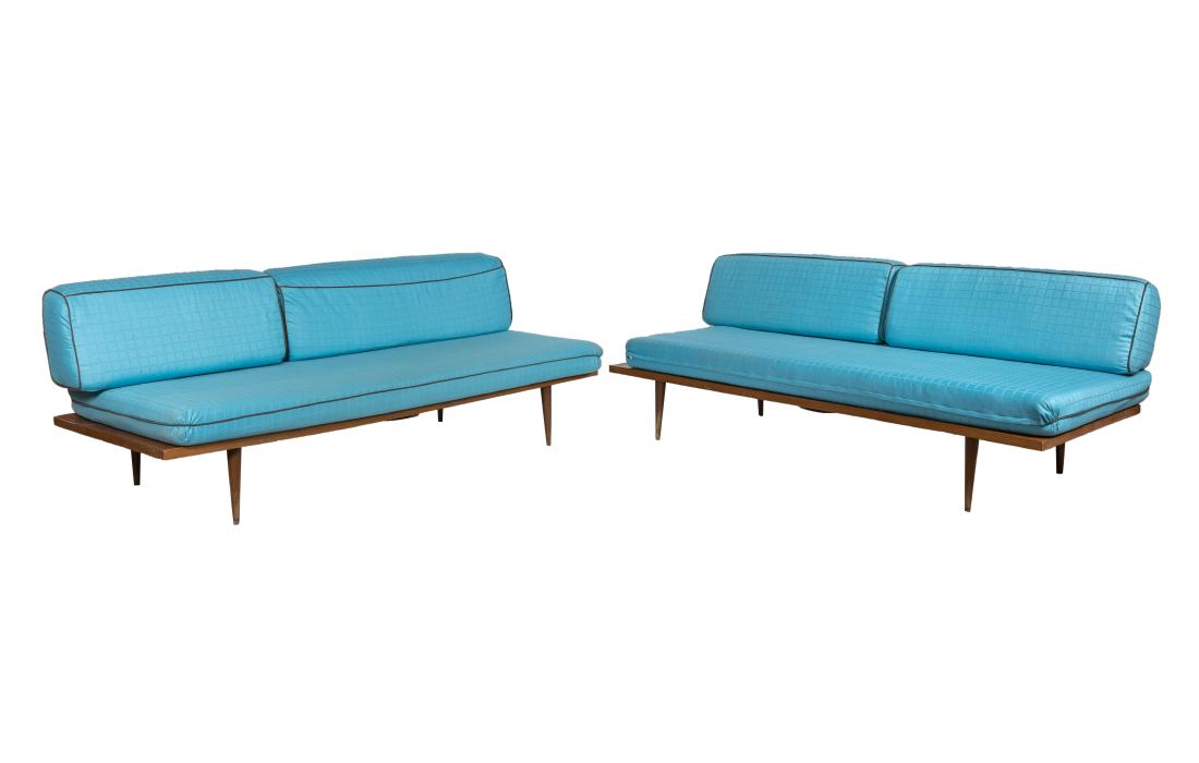 Walnut Mid Century Daybeds: Description - Pair of mid century walnut daybeds. Dimensions - 26" x 72" x 33"