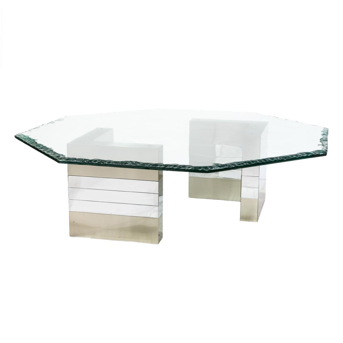 Chrome and Chipped Glass Coffee Table: Description - Chrome and chipped glass coffee table Dimensions - 16" x 51"